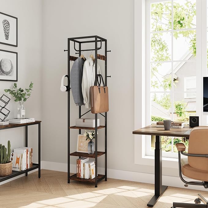 ELYKEN Coat Rack Freestanding, Hall Tree with 3 Storage Shelves and 12 Hooks, Industrial Clothes Rack Stand Organizer for Bedroom, Hallway, Entryway, Office, Living Room, Rustic Brown - Image 5