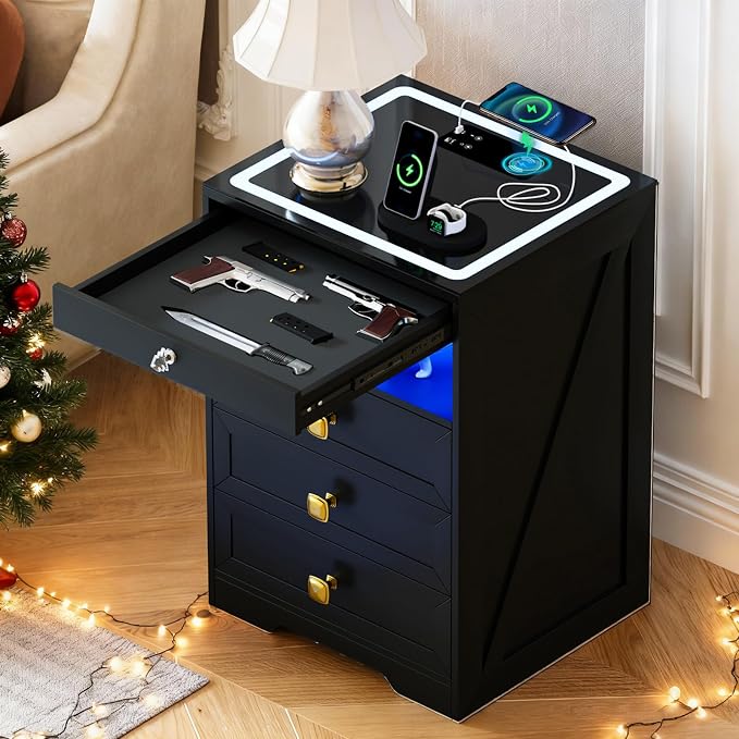 HNEBC Smart Night Stand with Gun Drawer,Glass Top Nightstand with Charging Sation,LED Bedside Table with 3 Color Lights,End Table with Glass Desktop,3 Drawers for Bedroom,Black by HNEBC