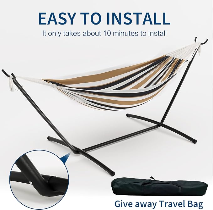Double Hammock with Steel Stand - 2 Person Hammock Bed Indoor Outdoor, Brazilian-Style, with Carry Bag, 450lb Capacity, Portable & Easy Assembly, Coffee - Image 6