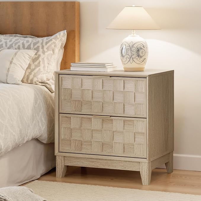 COLAMY Nightstand with Charging Station, 2 Drawers Modern Bedside End Table Dresser, with Chessboard Relief and Wood Legs, for Bedroom, Closet and Small Space - Oak - Image 7