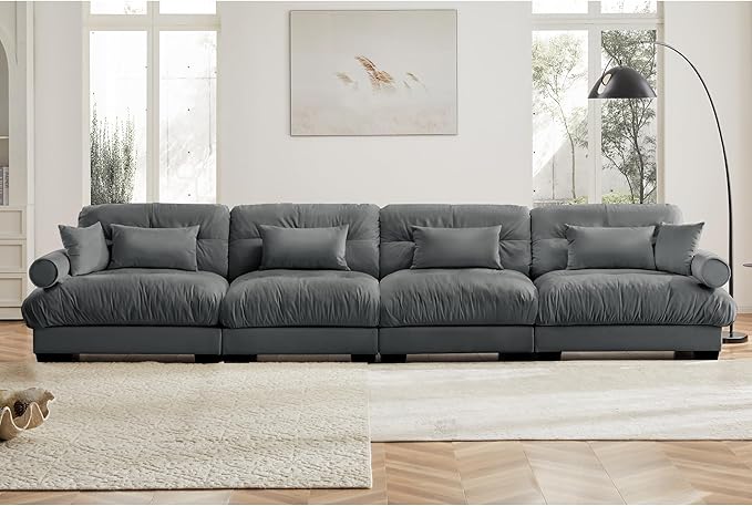 KEIKI 166" Oversized Velvet Modular Sectional Sofa with High-Density Foam Cushions and Bolstered Armrests, Upholstered Modern Style 4-Seater Cloud Couch with 6 Pillow, for Apartment, Living Room, Grey