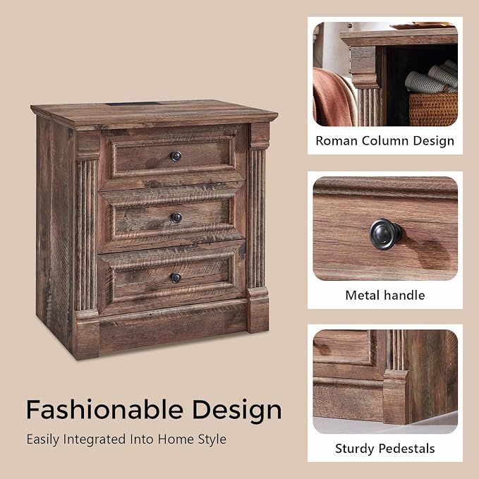 Aitjunz 26" Tall Farmhouse Nightstand Set of 2, 3 Drawers End Table w/Charging Station, 23.6" Wide Large Side Table w/Roman Column, Wood Rustic Sofa Table for Bedroom, Light Brown - Image 5