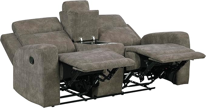 Lexicon Manual Double Reclining Loveseat, Textured Microfiber Manual Wall Hugger Loveseat Recliner for Living Room, Center Storage Console/Cup Holders/Track Arm, Easy Assembly, Brown
