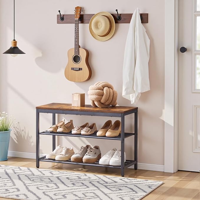 HOOBRO Shoe Bench, 3-Tier Narrow Entryway Bench with Seat, Shoe Rack, Industrial Metal and Wood Shoe Organizer for Small Spaces, Hallway, 11.2" D x 29.5" W x 19.1" H, Rustic Brown and Black BF76HX01 - Image 2