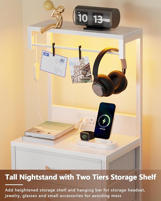 Furnulem White Nightstand, 38 inches Tall Night Stand with Charging Station and LED Lights, Bedside Table for Bedroom, Office, Hallway, 4 Fabric Drawers, Metal Frame, Wood Shelves - Image 7