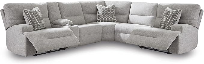 Signature Design by Ashley Acklen Place Stain Resistant Modern L-Shaped 6-Piece Power Reclining Sectional with Adjustable Headrest, USB Ports, Console, Storage and 3 Accent Pillows, Light Gray