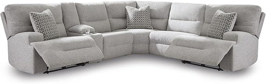 Signature Design by Ashley Acklen Place Stain Resistant Modern L-Shaped 6-Piece Power Reclining Sectional with Adjustable Headrest, USB Ports, Console, Storage and 3 Accent Pillows, Light Gray