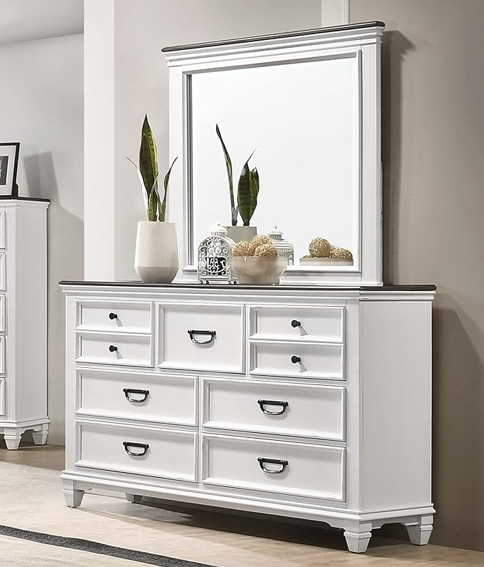 Clelane Wood Bedroom Set with Shiplap Panel King Bed, Dresser, Mirror, and Two Nightstands in Weathered White and Dark Gray