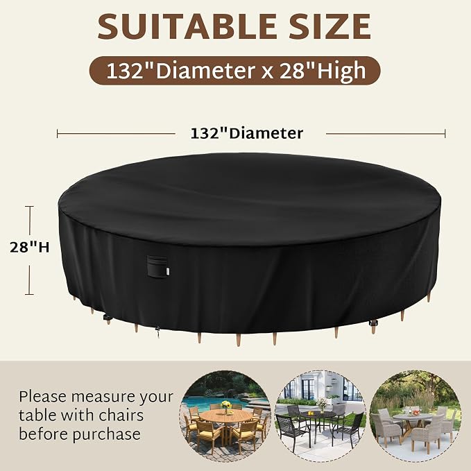 iBirdie Extra Large Round Patio Furniture Cover 132 x 28 inch, 11 ft, Outdoor Waterproof and Weatherproof for Garden Table and Chairs, Heavy Duty 600D, fit 132, 130 Diameter - Image 2