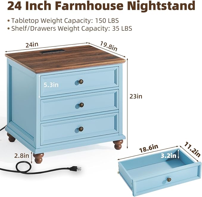 Joaxswe Farmhouse Nightstand with Charging Station, 24" Wide End Table with 3 Drawers,Light Blue Wood Dresser for Bedroom, Bed Side Table Chest of Drawers Cabinet,Night Stand for Living Room, Closet - Image 2