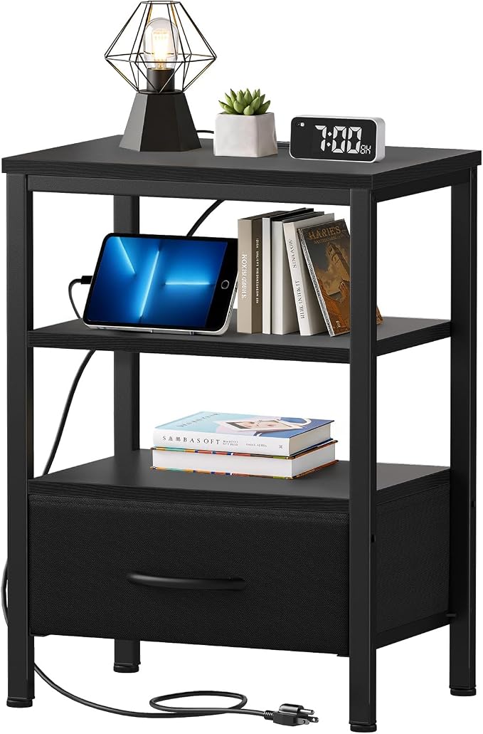 Nightstand with Charging Station, Bedside Table with USB Ports & Outlets, Small Dresser End Table with Fabric Drawer and Open Storage Shelf, Wooden Top for Bedroom, Black by SageNest