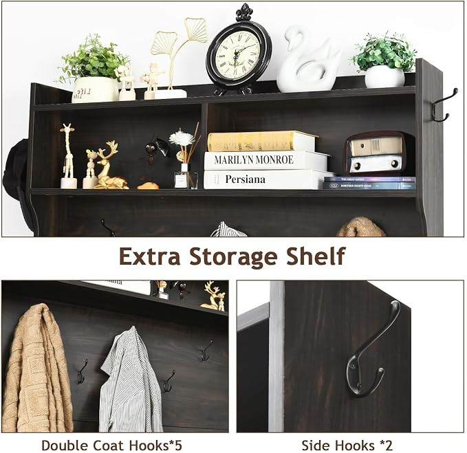 4ever2buy Farmhouse Hall Tree with Bench 5-in-1 Entryway Bench with Coat Rack with Sliding Barn Doors Entryway Coat Rack with Shoe Storage Dark Oak - Image 5