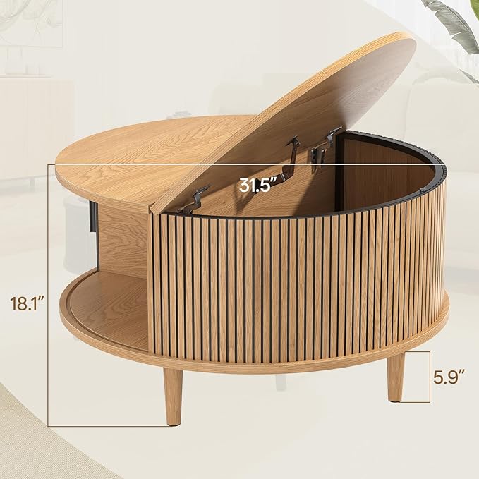 Round Coffee Table with Storage, Mid Century Modern Coffee Table, Fluted Dining Table with Sliding Door, Circle Coffee Table for Living Room Home Office, 31.5", Oak