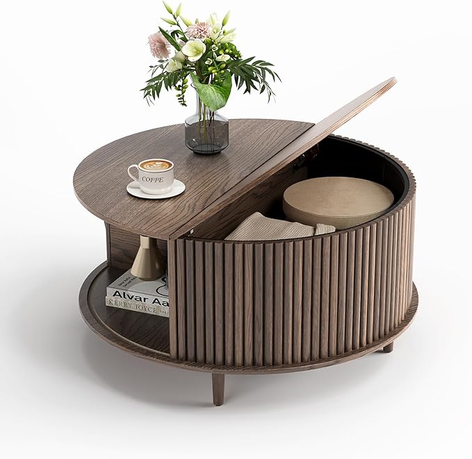 SULIVES Round Coffee Table with Storage,Mid Century Modern Coffee Table with Sliding Door,Fluted Center Table with Solid Wood Legs,Small Coffee Table for Living Room,Walnut