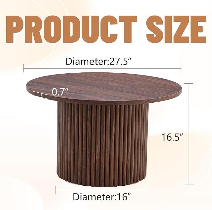 JUFU Round Coffee Table with Storage, 27.5IN Minimalist Fluted Coffee Table Circle Wood Center Table for Living Room (Walnut Coffee Table)