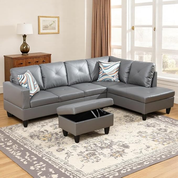 NicBex Modular L-Shaped Sectional Couches, 3-Piece Convertible Couch with Storage Ottoman, 4-Seat Comfy Sofa with Chaise for Living Room & Apartment, Dark Grey