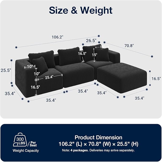 Avenco 106” L-Shaped Modular Sectional Sofa with Ottoman, Individually Wrapped Coil Support & Corduroy Fabric, Zero Assembly 4-Piece Set for Living Room, Black
