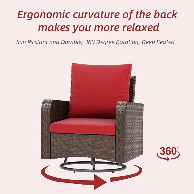 HOMREST 5 Piece Outdoor Patio Furniture Set-360 Wicker Swivel Chairs Set of 2 w/ 2 Ottoman, Coffee Table & Cushions Patio Bistro Set for Garden, Balcony (Wine Red)