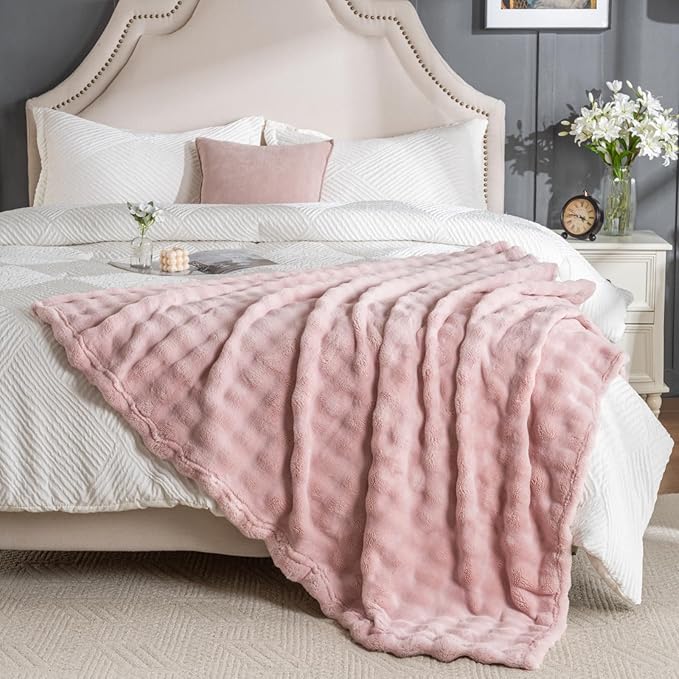 Pink Faux Fur Throw Blanket for Couch, Soft Fluffy Bubble Blanket for Bed Sofa, Thick Warm Plush Fuzzy Rabbit Fur Blanket for Cute Home Decor, 50"X 60"