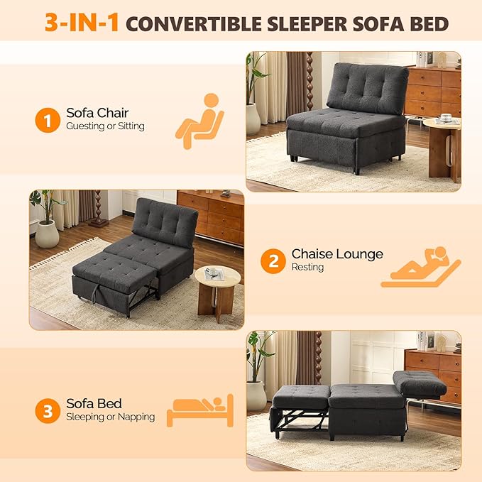 VINGLI Convertible Sofa Bed Tufted Teddy Fleece Sleeper Chair Bed Couch Armless Living Room Chairs with Adjustable Backrest Pull Out Couch Bed for Small Spaces | Armless Sofa Bed
