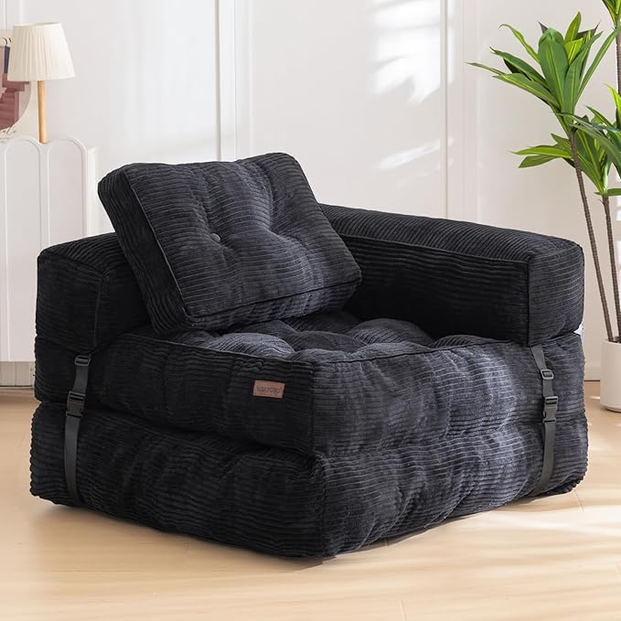 MAXYOYO Folding Sofa Bed, L-Shaped Convertible Sofa with Armrest Foldable Sleeper with Pillow, Portable Fold Out Chair Bed Comfy Floor Lounge for Living Room Bedroom, Black