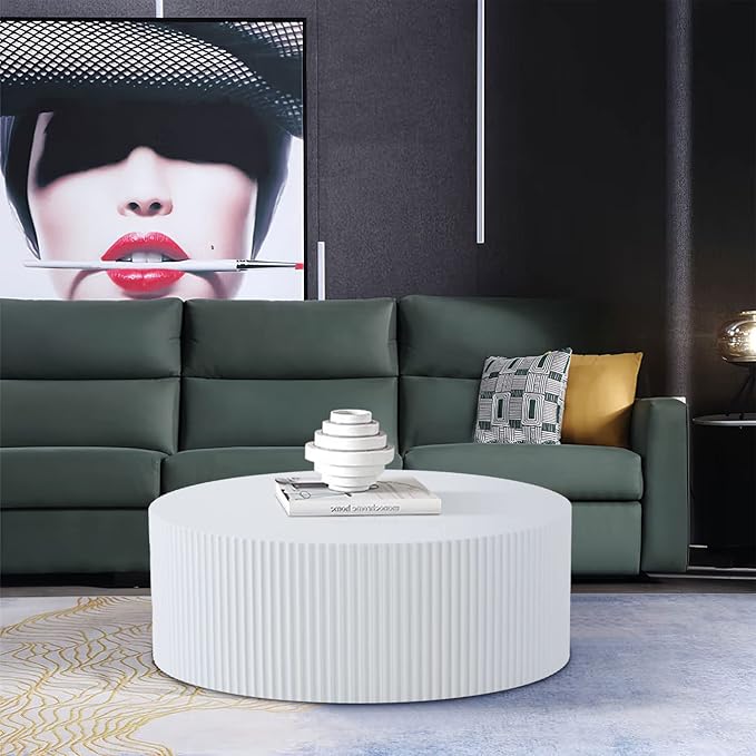 White Round Drum Coffee Table Modern Large Round Coffee Table Wood Side Table for Living Room Office Apartment