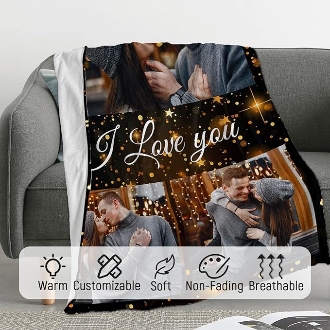 ROMANDY Ships Next Day Custom Blanket with Picture Customized Banket Personalized Throw Blankets Customizable Photo Blankets Customize Gifts for Mom Dad Girlfriend Boyfriend Wife Husband Her Him