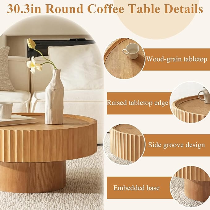 Round Coffee Table, 30.3in Modern Living Room Table, Fluted Drum Circle Tea Table with Storage, Accent Center Tables for Living Room, Apartment, Small Space(30.3''L×13.7''H) (Nature Wood)