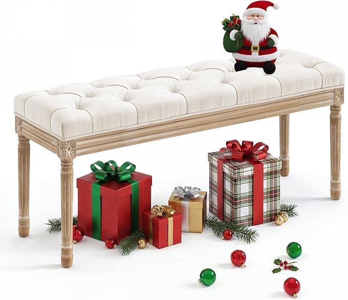 LUE BONA 44" Bedroom Bench, Fabric End of Bed Bench, Upholstered French Tufted Ottoman Bench with Carved Wood Legs for Bedroom End of Double Full Queen Size Bed, Living Room, Beige by LUEBONA