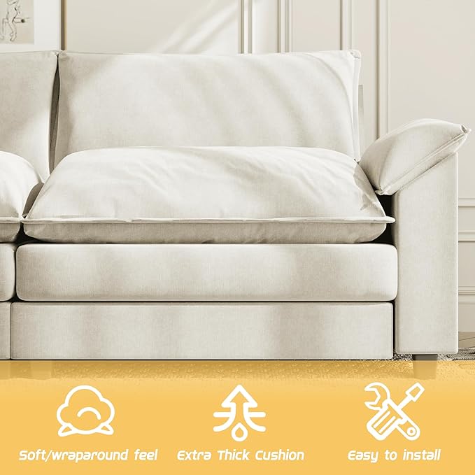 Shahoo Sectional Modular Sofa L Shaped Chenille Fabric Couch with High Supportive & Soft Sponges and Removable Ottoman, Sleeper Comfy Upholstered Furniture for Living Room, Bright Beige