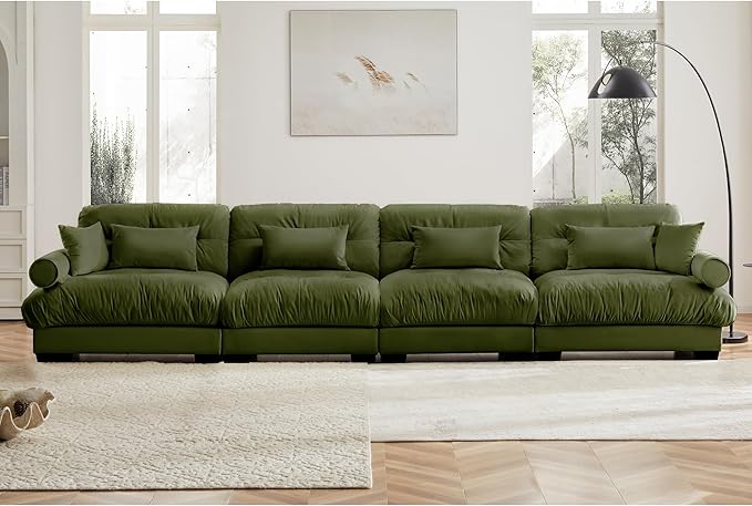 KEIKI 166" Oversized Velvet Modular Sectional Sofa with High-Density Foam Cushion and Bolstered Armrests, Upholstered Modern Style 4-Seater Cloud Couch with 6 Pillow, for Apartment, Living Room, Green