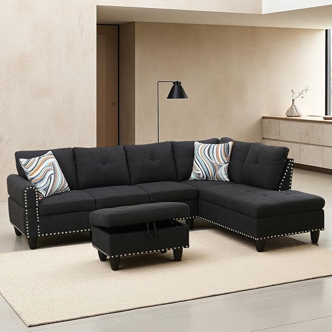 Sectional Couches for Living Room, Convertible 4 Seat Modular Sectional Sofa Set for Living Room, L Shaped Couch or U Shaped Couch with Storage Ottoman for Apartment, Dark Grey