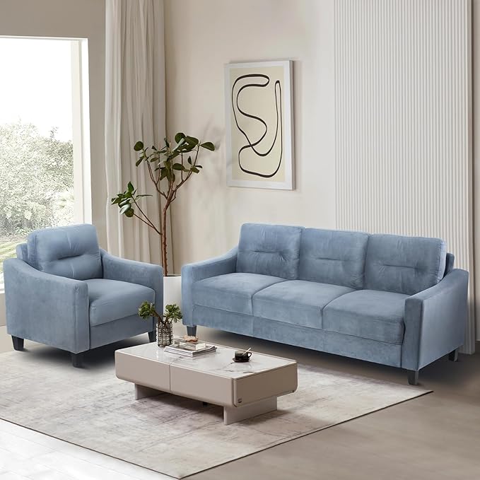 Upholstered Single Sofa Chair,Mordern Armchair with Wooden Legs for Living Room,Bedroom and Office,Blue Grey