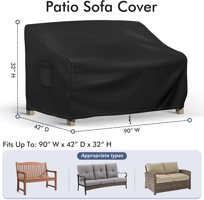 Richwon Outdoor Couch Cover Waterproof, 3-Seater Outdoor Sofa Cover, Patio Furniture Covers with Air Vent and Handles, 90W x 42D x 32H Inches, Black - Image 2