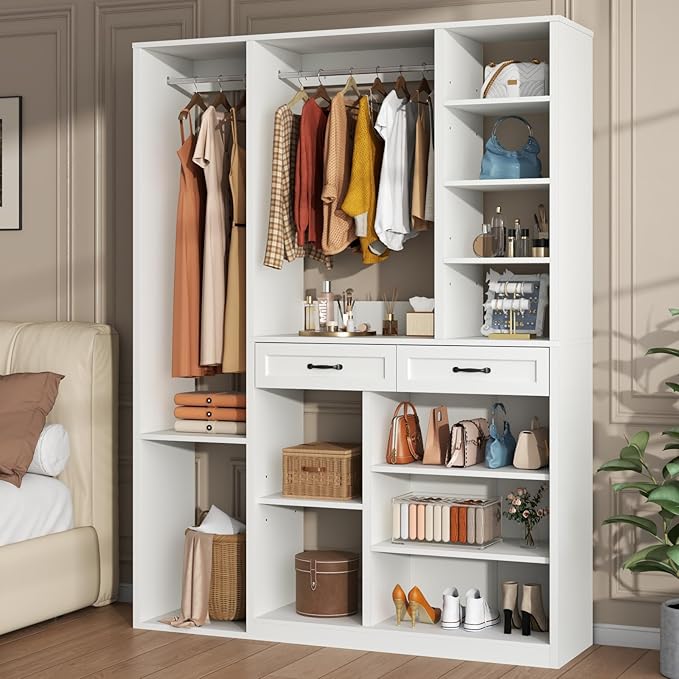 Armoire Wardrobe Closet with 2 Drawers, 81” H Wooden Wardrobe Closet with 10 Storage Shelves and 2 Hanging Rod, White Modern Armoire, Clothing Storage Cabinet Organizer Combination, Bedroom Furniture