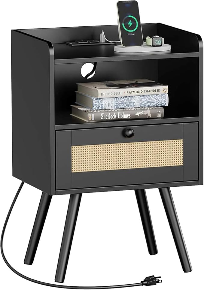 SUPERJARE Nightstand with Charging Station & Rattan-Like Decor Drawer, Rattan End Table with Solid Wood Feet, Bed Side Table with Open Storage, for Bedroom, Living Room, Dormitory - Black by SUPERJARE