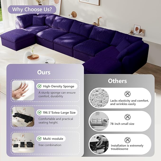 Modular Sectional Sofa Boneless Cloud Couch for Living Room, U Shape Deep Seat Recliner Sofa with Ottoman, Adjustable Backrest & 2 Throw Pillows - Covers Washable, (Purple, 5 Seater+2 Ottoman)