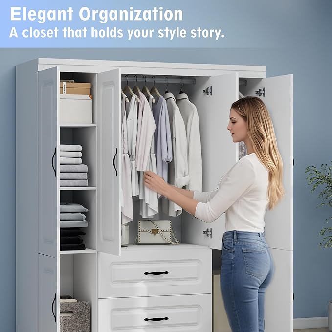 Wooden Armoire Wardrobe Closet：Modern Armoire Wardrobe Closet with 4 Doors, 2 Drawers and Hanging Rods for Tall Cabinet, Large Capacity Clothes Storage Cabinet for Bedroom Home, White