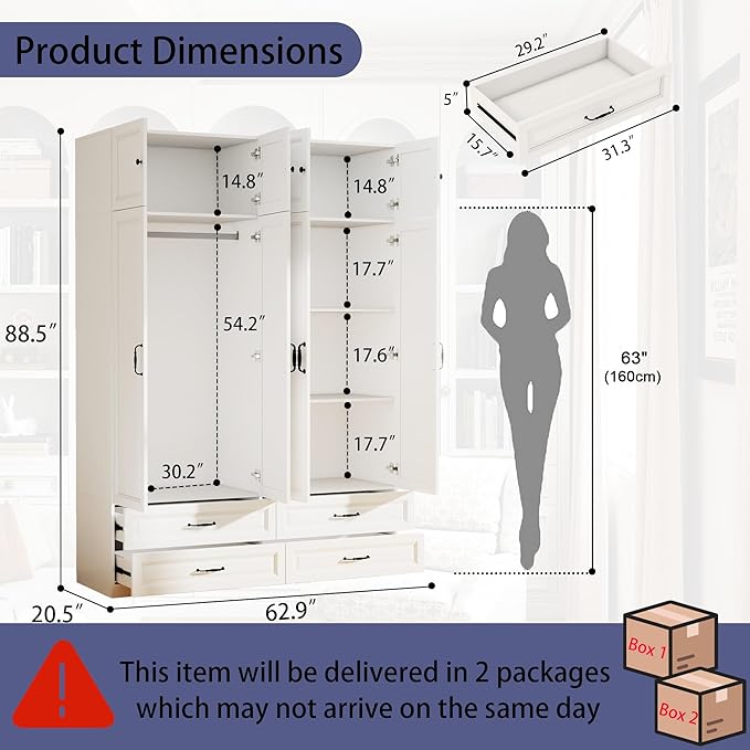 White Armoire Wardrobe Closet: 88" Extra Tall Wardrobe Closet with 4 Drawers, Bedroom Armoires with 4 Doors, Wood Large Armoire with Top Cabinet (63")