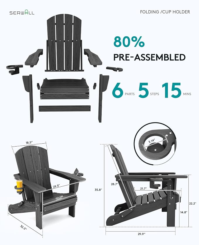 SERWALL Foldable Adirondack Chair Set of 6, HDPE Adirondack Chair with Wood-Texture-Gray - Image 4