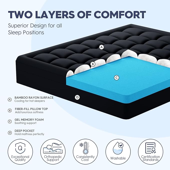 Dual Layer Memory Foam Mattress Topper King,2 Inch Gel Memory Foam and 1 Inch Cooling Pillow Top Mattress Pad Cover for Back Pain, Medium Support,Black