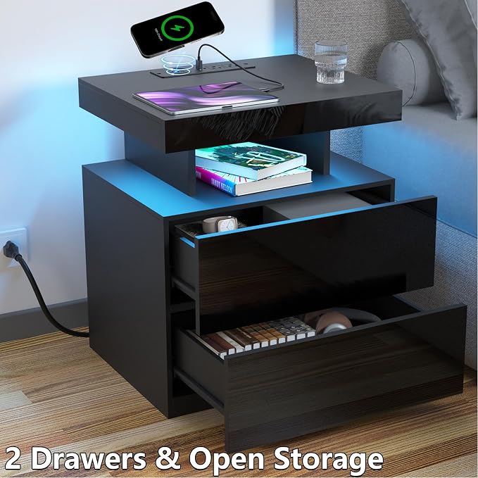 HOMMPA LED Nightstand with Wireless Charging Station & USB Ports High Gloss Bedside Table with LED Light RGB Adjustable Brightness Smart Nightstand 2 Drawers Night Stand for Bedroom Black - Image 5