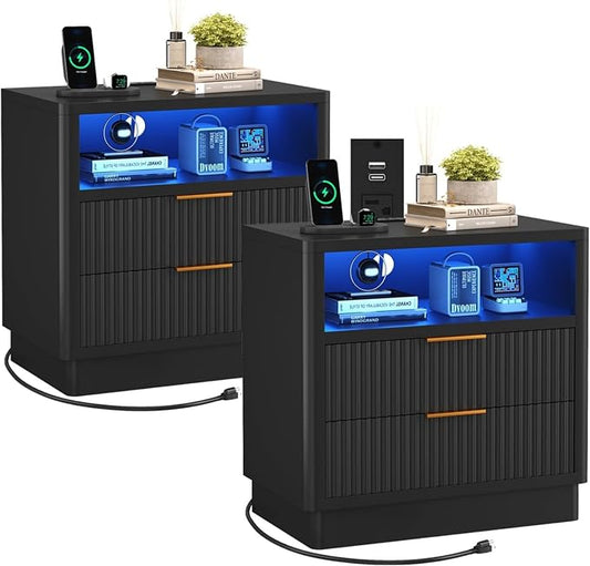 ELYKEN 23.6" Nightstands Set of 2 with Charging Station and LED Lights, Fluted Night Stand with 2 Drawers, Black Bedside Table Set 2 with USB and Drawer for Bedroom by ELYKEN