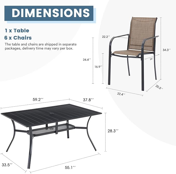 DIFY 7 Pieces Outdoor Patio Dining Set for 6, 59.2" Black Rectangle Metal Dining Table and 6 Brown Stackable Textilene Patio Chairs, Outdoor Table and Chairs for Backyard Garden Poolside - Image 8