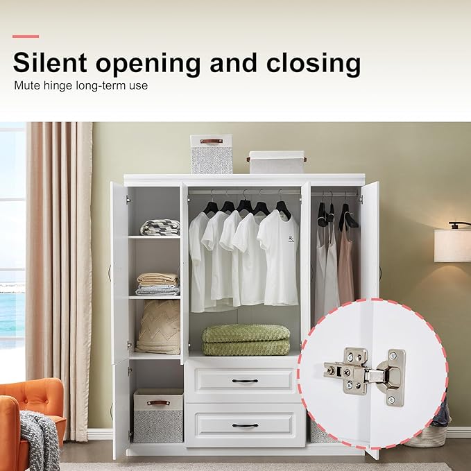 GraceGrove Armoire Wardrobe Closet with 4 Doors Armoires and Wardrobes with 2 Drawers,Tall Cabinet Wardrobe Cabinet with Hanging Rail and Metal Handle for Bedroom White