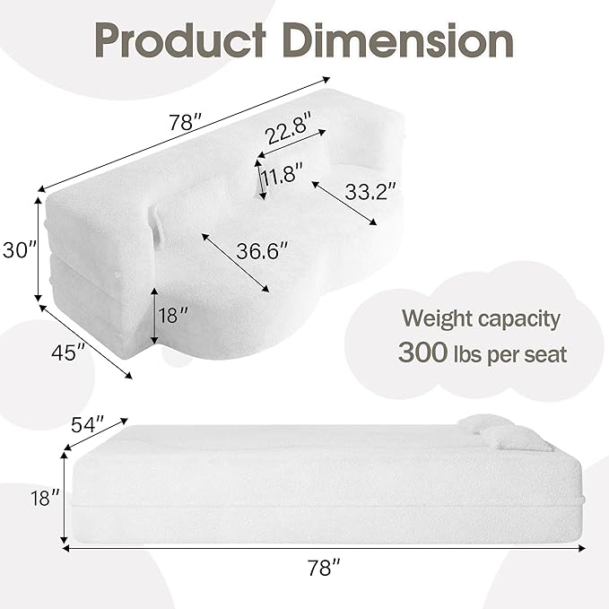 78" Convertible Sofa Bed, 2-in-1 Folding Floor Couch with 2 Pillows, Sleeper Sofa for Living Room and Bedroom, No Assembly Required (Beige, Teddy Fabric)