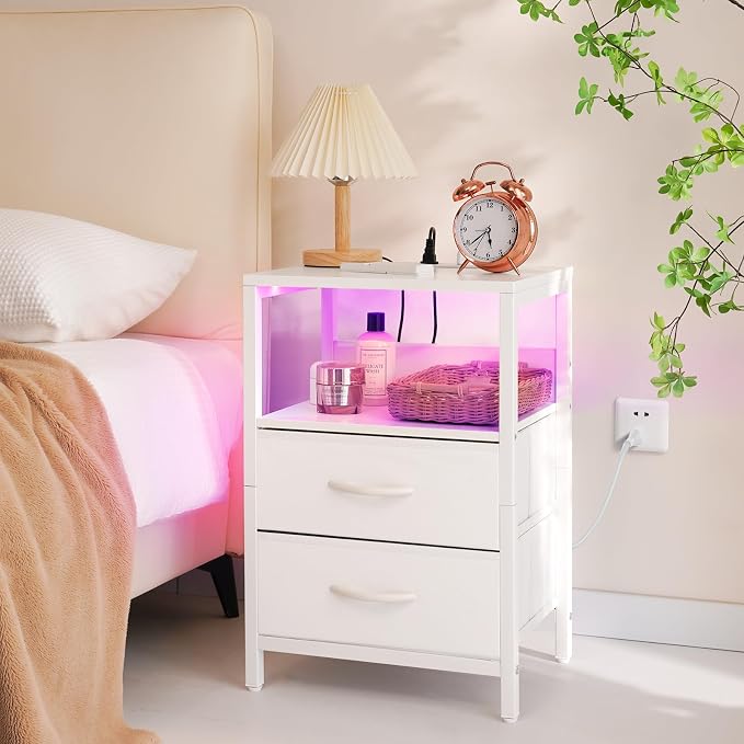 Yoobure Nightstand with Charging Station, LED Night Stand with Fabric Drawers and Storage Shelf for Bedroom, Nightstands Bedside Tables with USB Ports & Outlets, Small Night Stands, Bed Side Table - Image 9