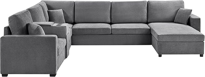 Merax Modern Oversized U-Shaped Sectional Sofa with Piollows & Chaise Lounge, Chenille 5-Seat Couch Set Sleeper Bed with Cup Holders, Storage Drawer for Living Room, Easy Assemble, Gray