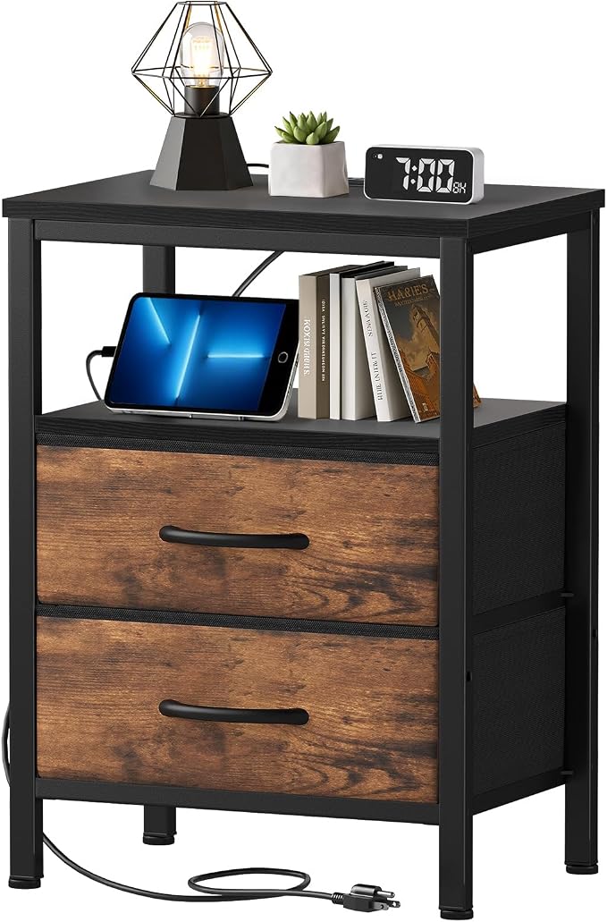 Nightstand with Charging Station, Bedside Table with USB Ports & Outlets, Small Dresser End Table with 2 Fabric Drawer and Open Storage Shelf, Wooden Top for Bedroom, Black & Brown by SageNest