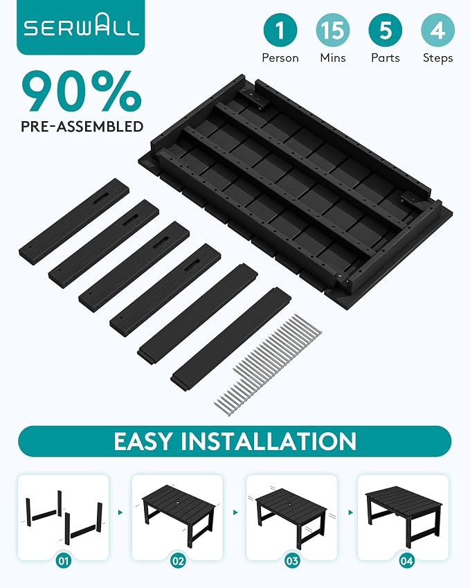 SERWALL Outdoor Coffee Table with 9FT Umbrella, HDPE Patio Coffee Table for Outside, Rectangle, Black(Not Include Umbrella Base) - Image 5